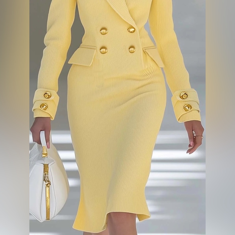 Elegant and Simple V-neck Light Yellow Knitted Midi Dress - Picture 3 of 4